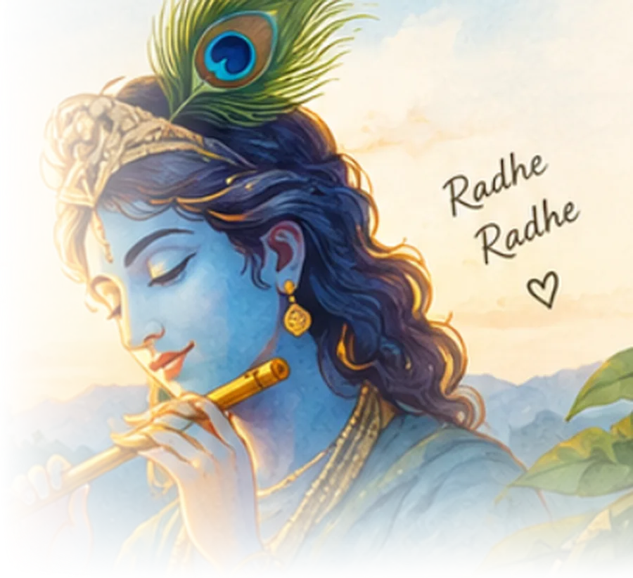 Watercolor of Krishna playing the flute at sunrise